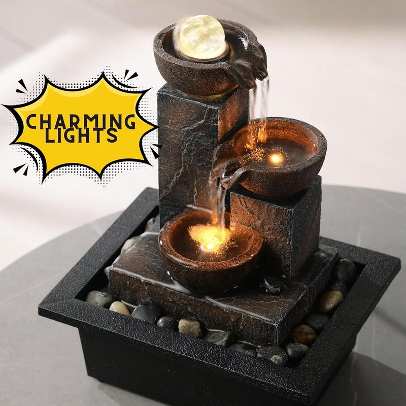 Tolevoit Three Bowls with Rotating Ball Flowing Tabletop Fountain Home Décor Indoor/Outdoor Decor Waterfall Sound Zen Mini Fountain Warm Led Light Pebbles Stone(23114) - Image 2